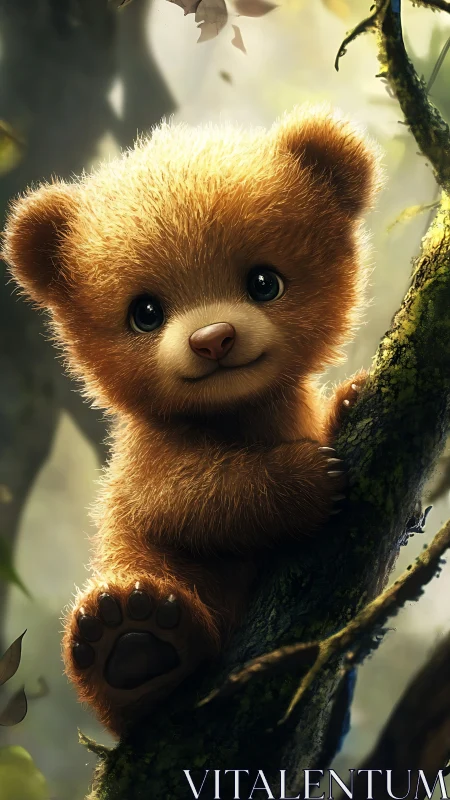 Digital painting of baby bear on mossy forest branch, portrait format.
