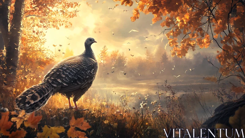 Wild turkey in autumn woodland beside reflective lake.