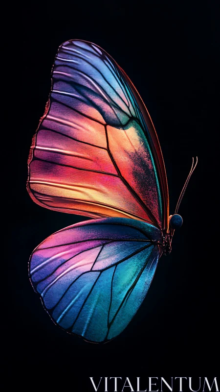 Prismatic butterfly hovers like stained glass in deep velvet