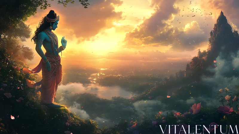 Divine blue figure overlooks misty valley at radiant sunrise