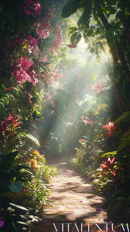 Sunlit stone path winding through dense tropical garden.