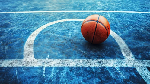 Worn blue court surface with textured basketball at center arc