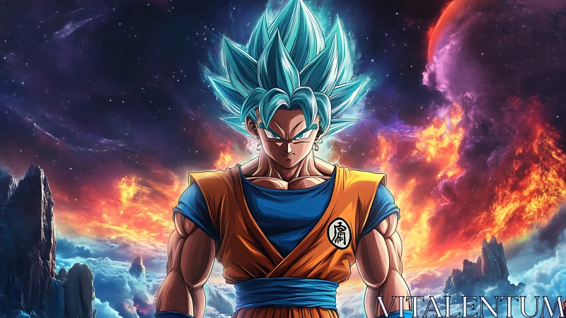 Blue-haired anime warrior in orange gi amid cosmic explosion