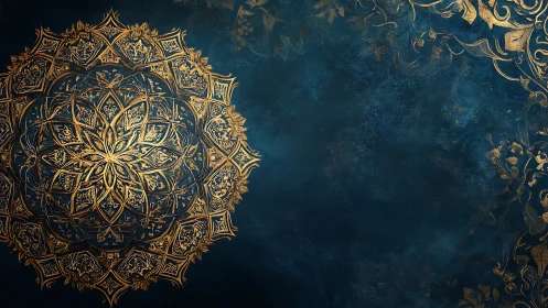 Golden mandala ornament fills left side of dark blue panel