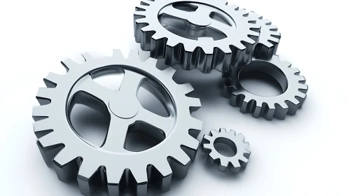 Shiny interlocking metal gears on clean white background.