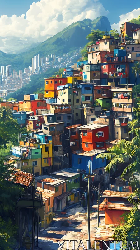 Hillside favela skyline under lush tropical mountain light.