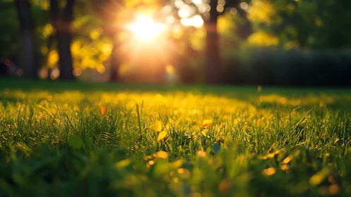 Sunlit Grass at Sunrise in a Lush Park, Soft Focus Photography.