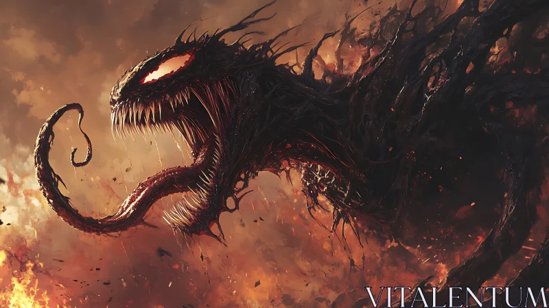 Demonic symbiote lunges through burning smoke filled sky