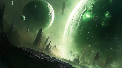 Emerald exoplanetary system looms over jagged alien terrain