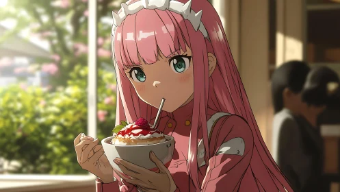 Anime girl in soft daylight eats detailed strawberry dessert with spoon