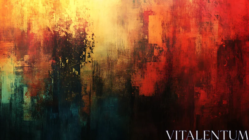Abstract textured painting with warm red, orange, and gold hues.