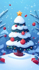 Snow covered Christmas tree with ornaments and star topper.