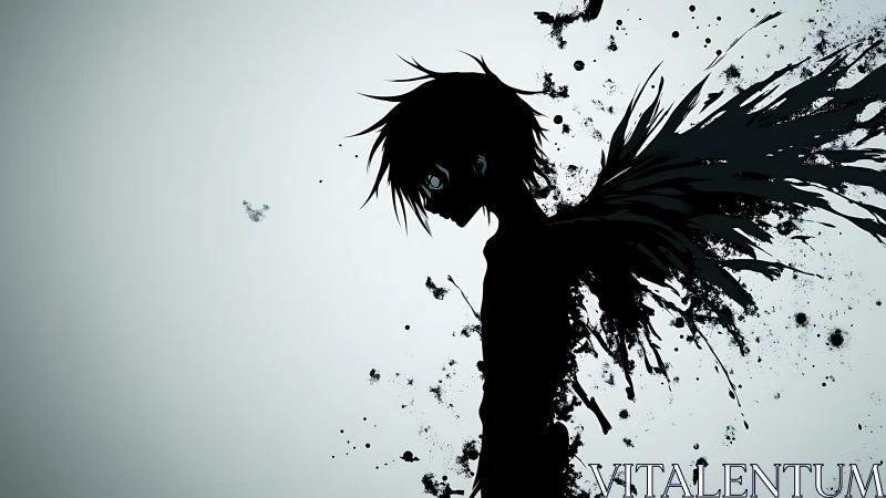 Silhouette figure with ink-like wings dissolving into splatters