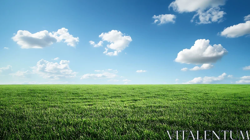 Sunny green meadow under a wide open blue summer sky.
