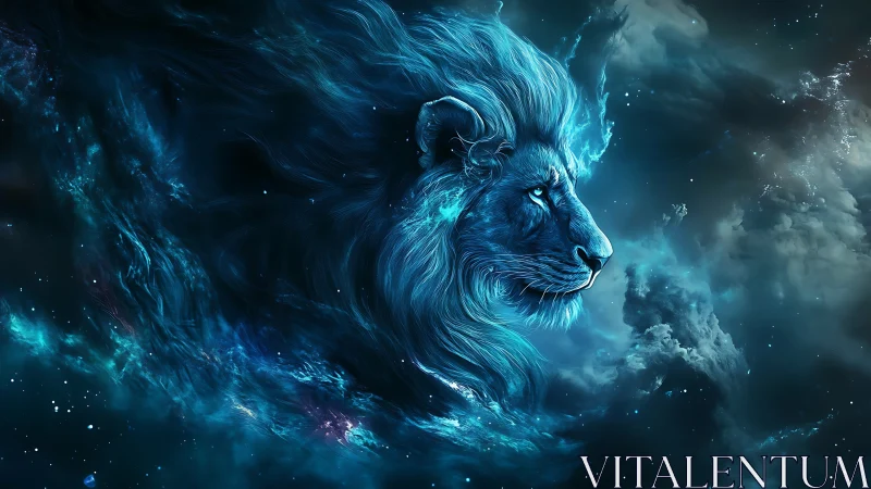 Celestial ember lion drifts through midnight cosmic tides.