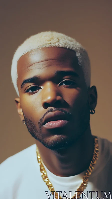 Close portrait captures man with bleached hair and gold chain