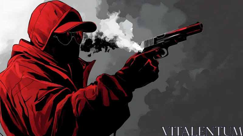 Mysterious figure in red coat holds smoking pistol calmly.