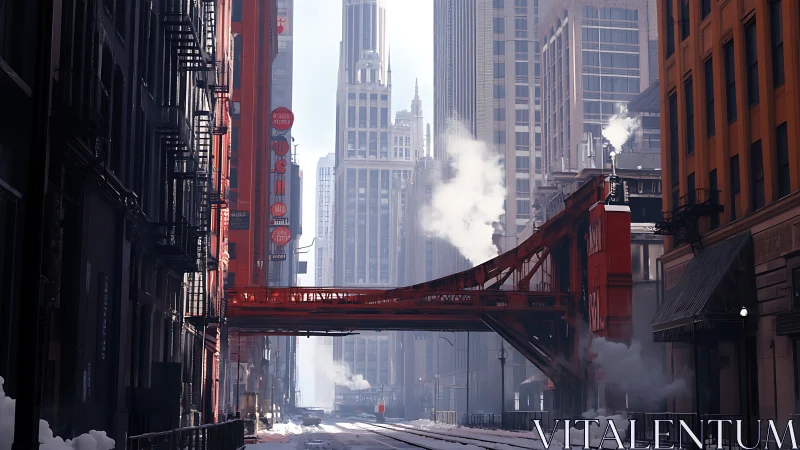 Sunlit city bridge glowing warmly in a quiet winter street.