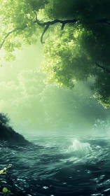 Sunlit forest river churns under luminous green canopy.