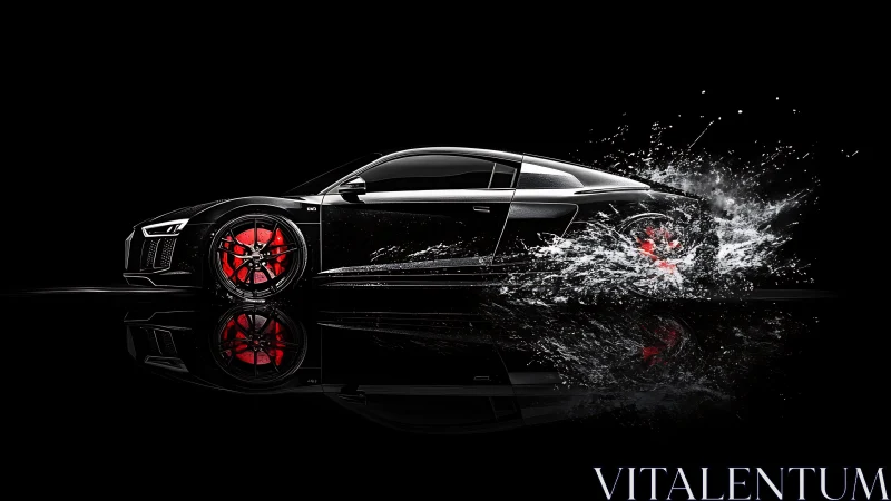 Black sports car profile with water splash on dark background.