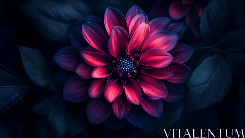 Luminous magenta dahlia glows softly against midnight foliage