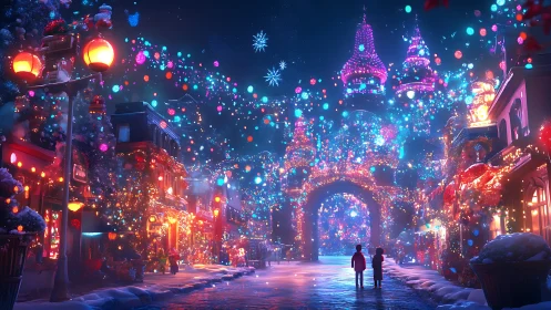 Nighttime city street with dense festive lighting display.