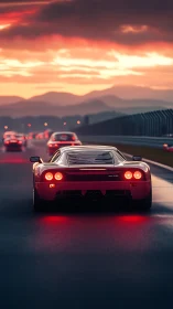 Red supercar accelerates on wet racetrack at sunset glow.