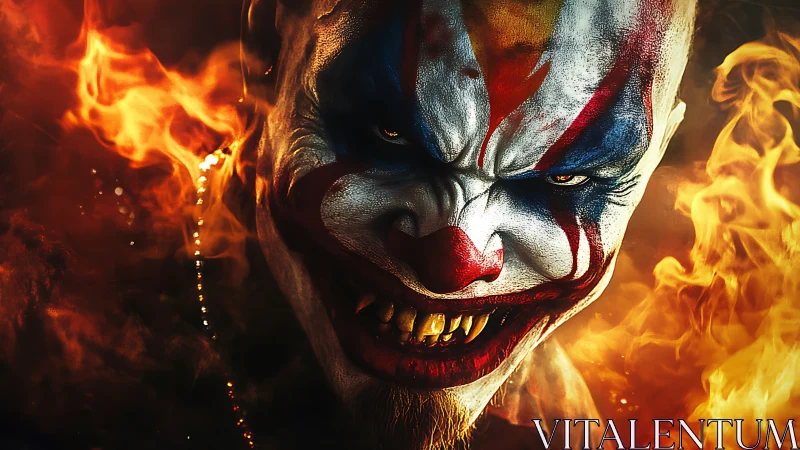 Fiery sinister clown portrait with a wicked burning grin.