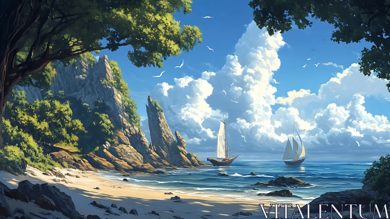 Coastal inlet shows anchored sailboats beneath cumulus clouds