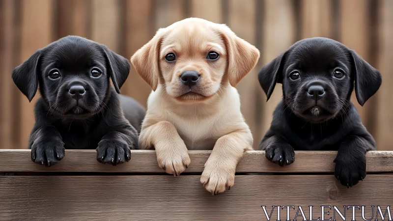Three labrador puppies rest on wooden fence ledge together