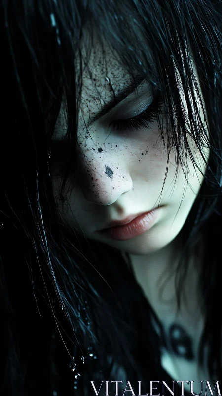 Moody closeup portrait of wet goth girl with dirt speckled face