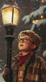 Boy in winter coat studies glowing lamppost snowfall.