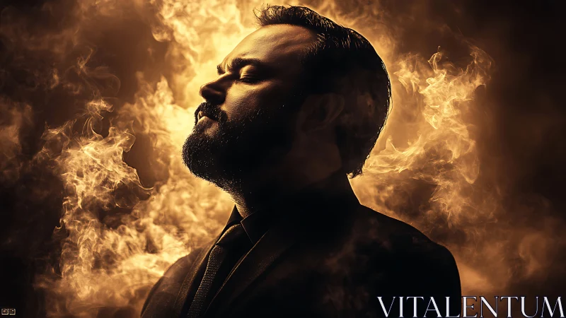 Photorealistic low-key portrait with dramatic ember halo lighting.