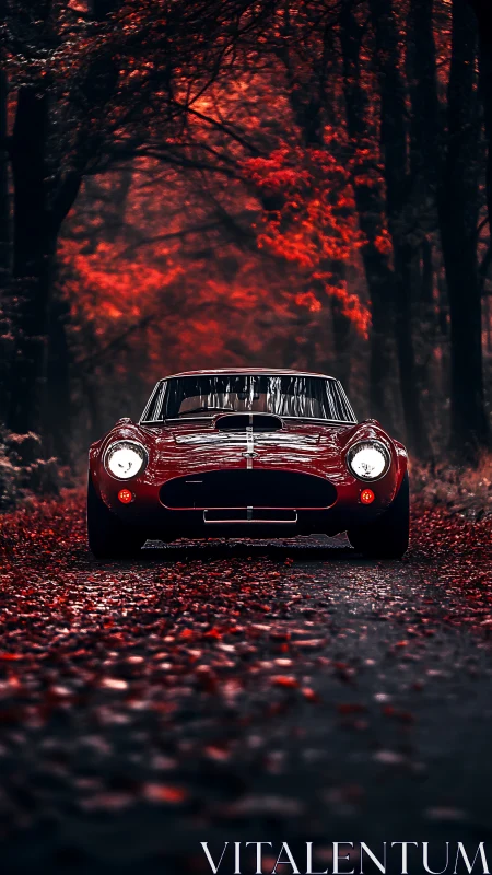 Crimson classic car glows softly along a quiet autumn road