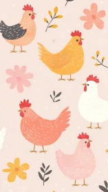 Pastoral Poultry: Illustrated Farm Hens with Botanical Motifs.