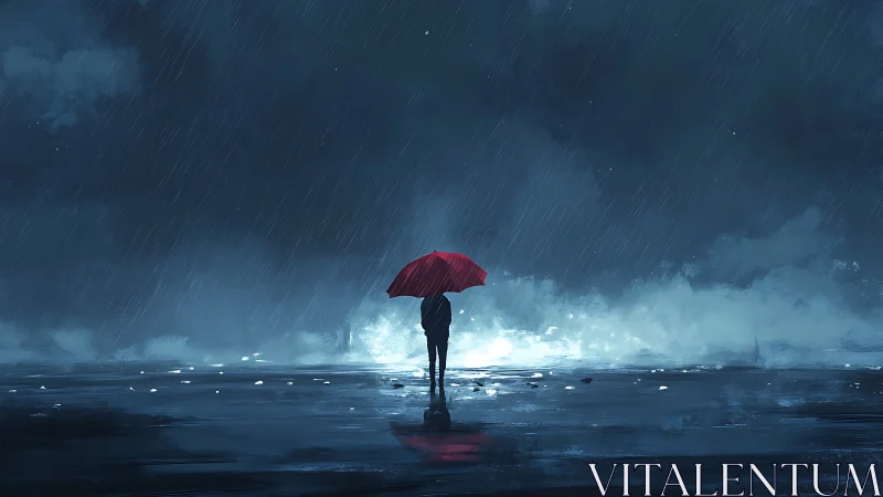 Solitary figure with red umbrella in night coastal rain.
