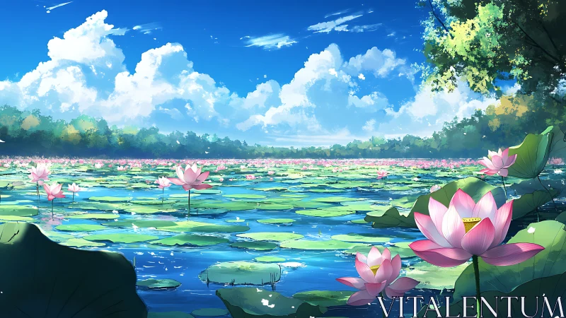 Lotus lake under radiant sky with vivid summer light.