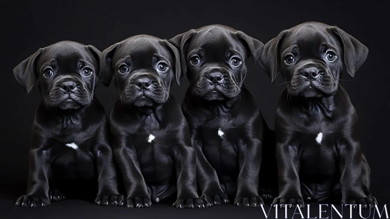 Four glossy black puppies posed in dramatic studio light.
