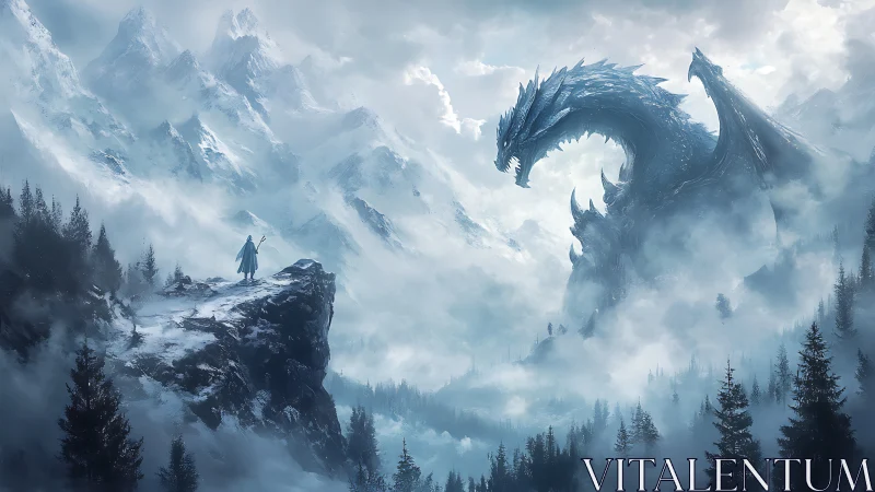 Frost-cloaked sorcerer confronting colossal ice dragon silhouette.
