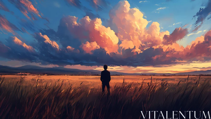 Solitary figure under blazing sunset storm clouds.