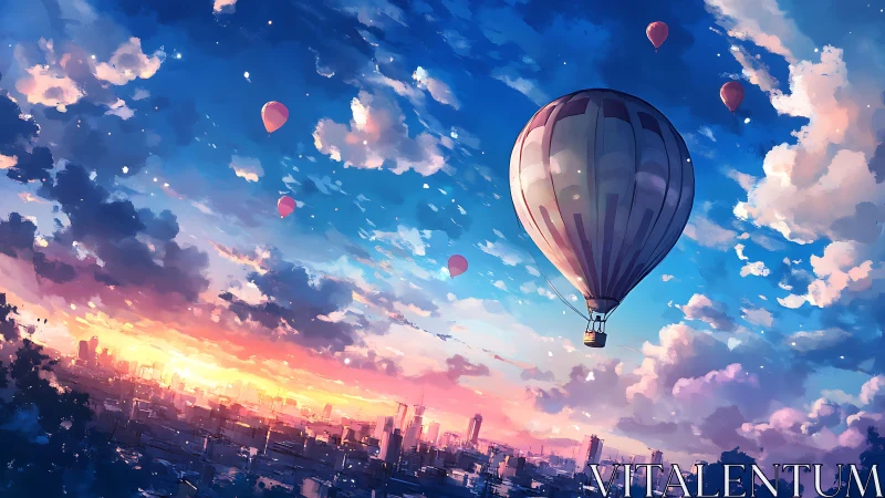 Hot air balloons drift above glowing sunset city skyline