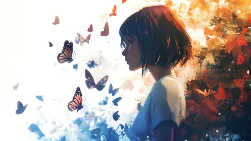 Girl in profile watches butterflies drift through light and color.