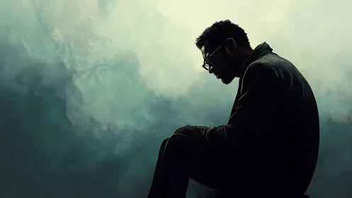 Quiet silhouette in teal fog, where thoughts grow softer.