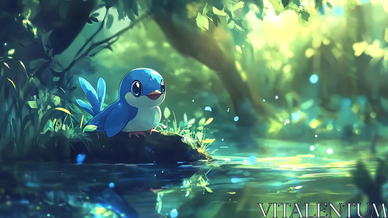 Blue Water Bird in Luminescent Forest Stream.