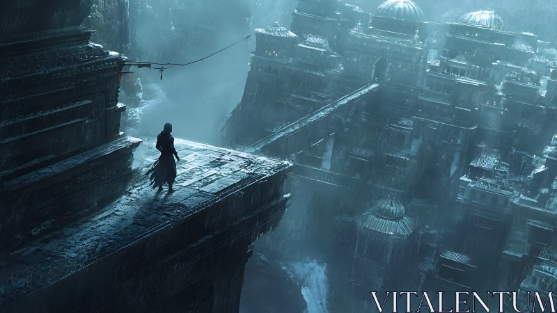 Lone hooded figure overlooking vast rainy cityscape.