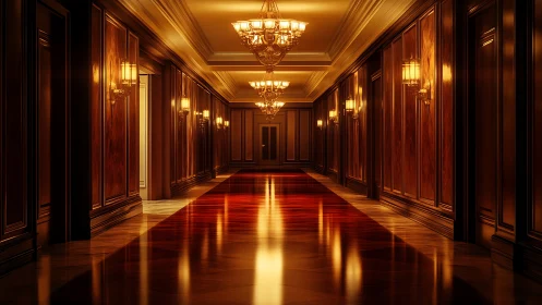 Grand hotel corridor glows with polished mahogany warmth.