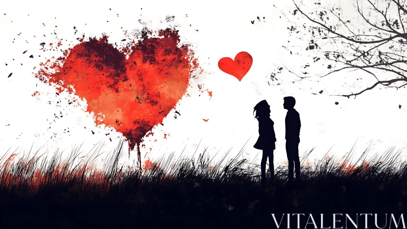 Silhouetted Couple Standing Before Massive Fractured Heart