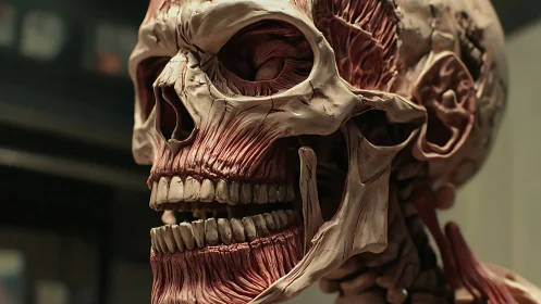 Grinning anatomy bust in museum hush and surgical drama.