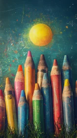 Colored pencils rise like a playful skyline beneath a painted sun
