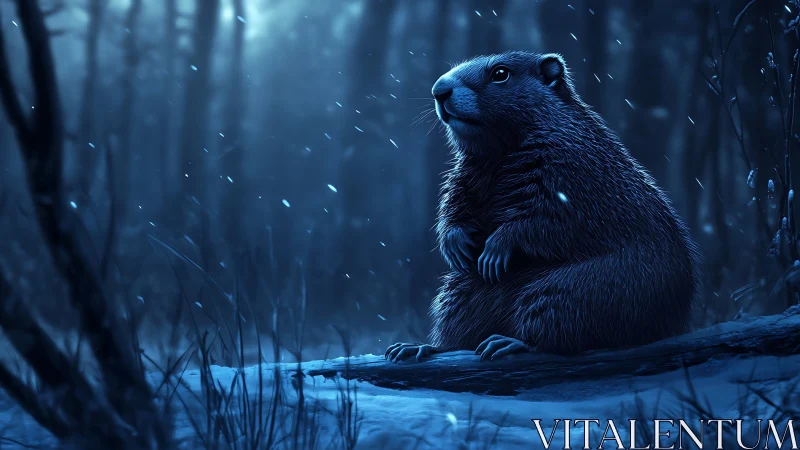 Groundhog sits in moonlit winter forest, blue snow glow.